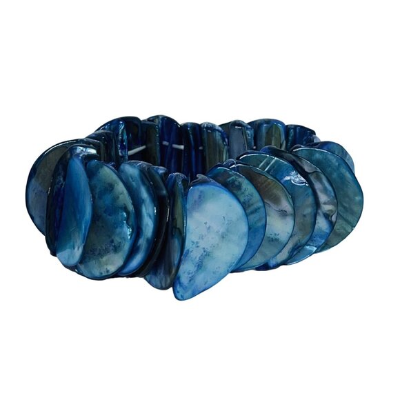 Vintage Wide Blue Abalone Shell Stretch Bracelet (5520) - Picture 2 of 4